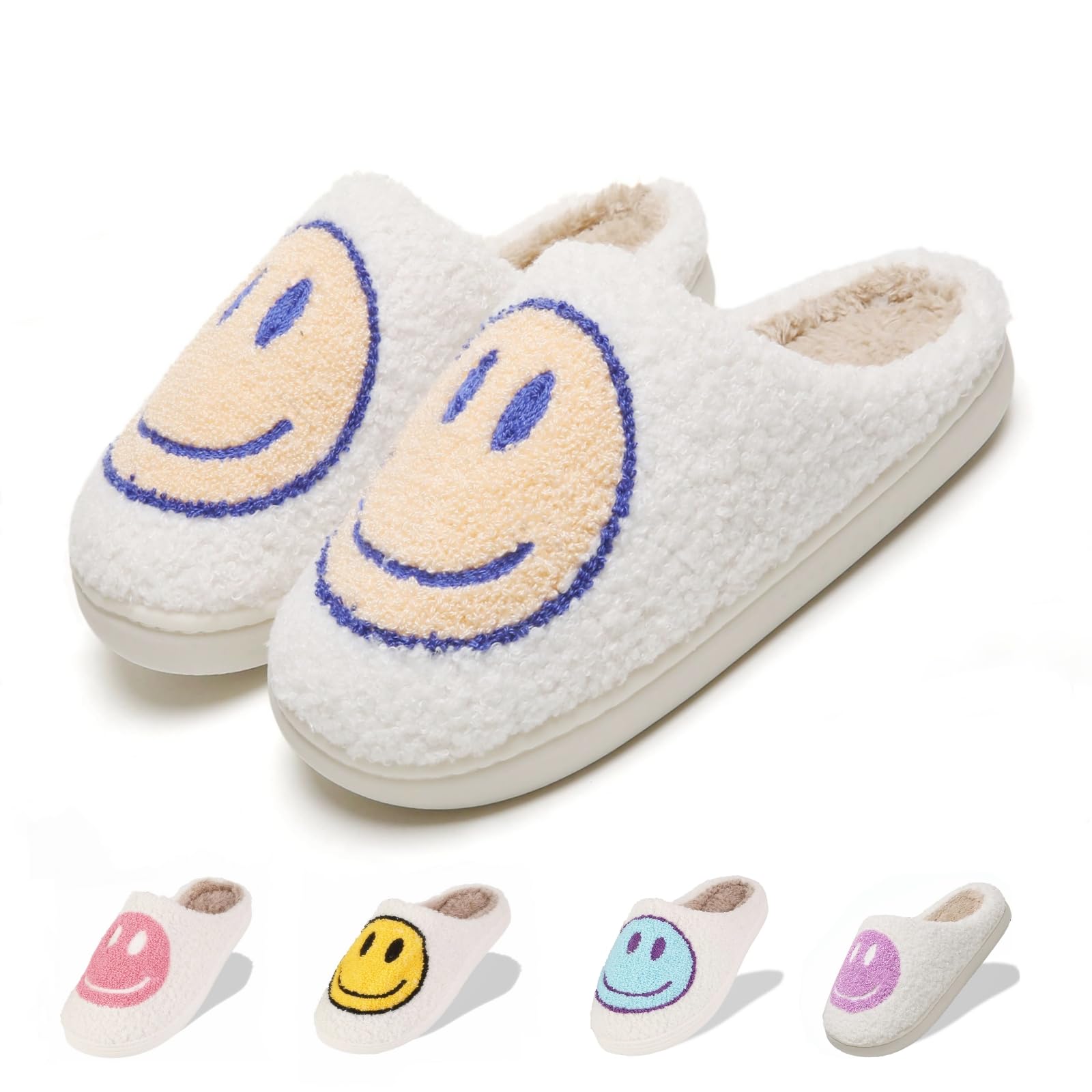 LINWINDFuzzy Slippers for Women Men, Cute Retro Fluffy Happy Face House Slippers, Plush Memory Foam Slippers for Women Indoor and Outdoor Cozy Trendy Slip-On Shoes