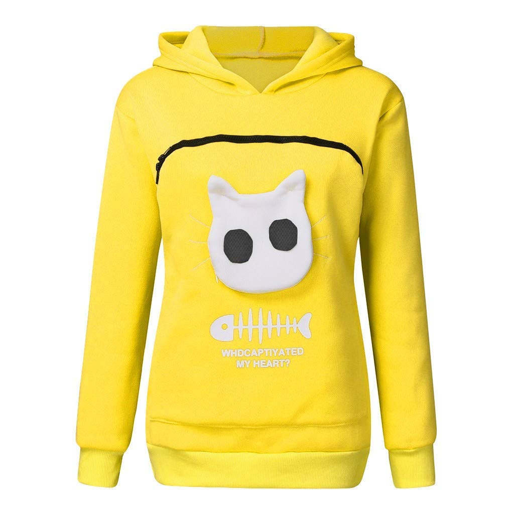 Womens Pet Carrier Hoodies Casual Plus Size Cat Pouch Pullover Sweatshirt with Large Kangaroo Pocket Women's Breathable Fish Bone Print Long Sleeve Hooded Tops Blouse for Small Animals