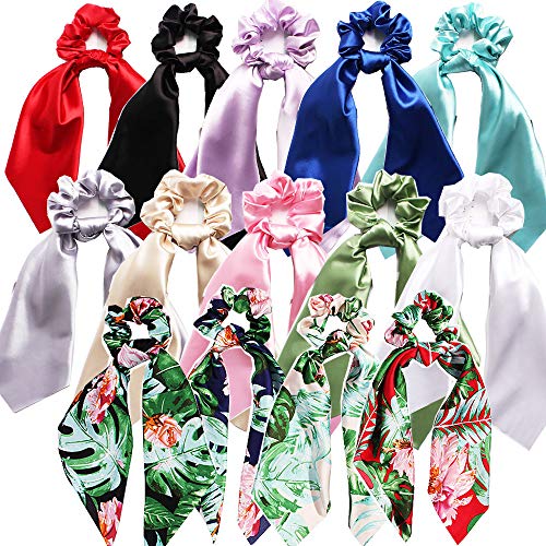 24HOCL 14 Pcs Bowknot Hair Scrunchies Set, 4 Pcs Hawii Style Hair Scarf 10 Pcs Solid Colors Scrunchie Ties with Bows Pattern Hair Accessories Ropes for Women Girls, Style E