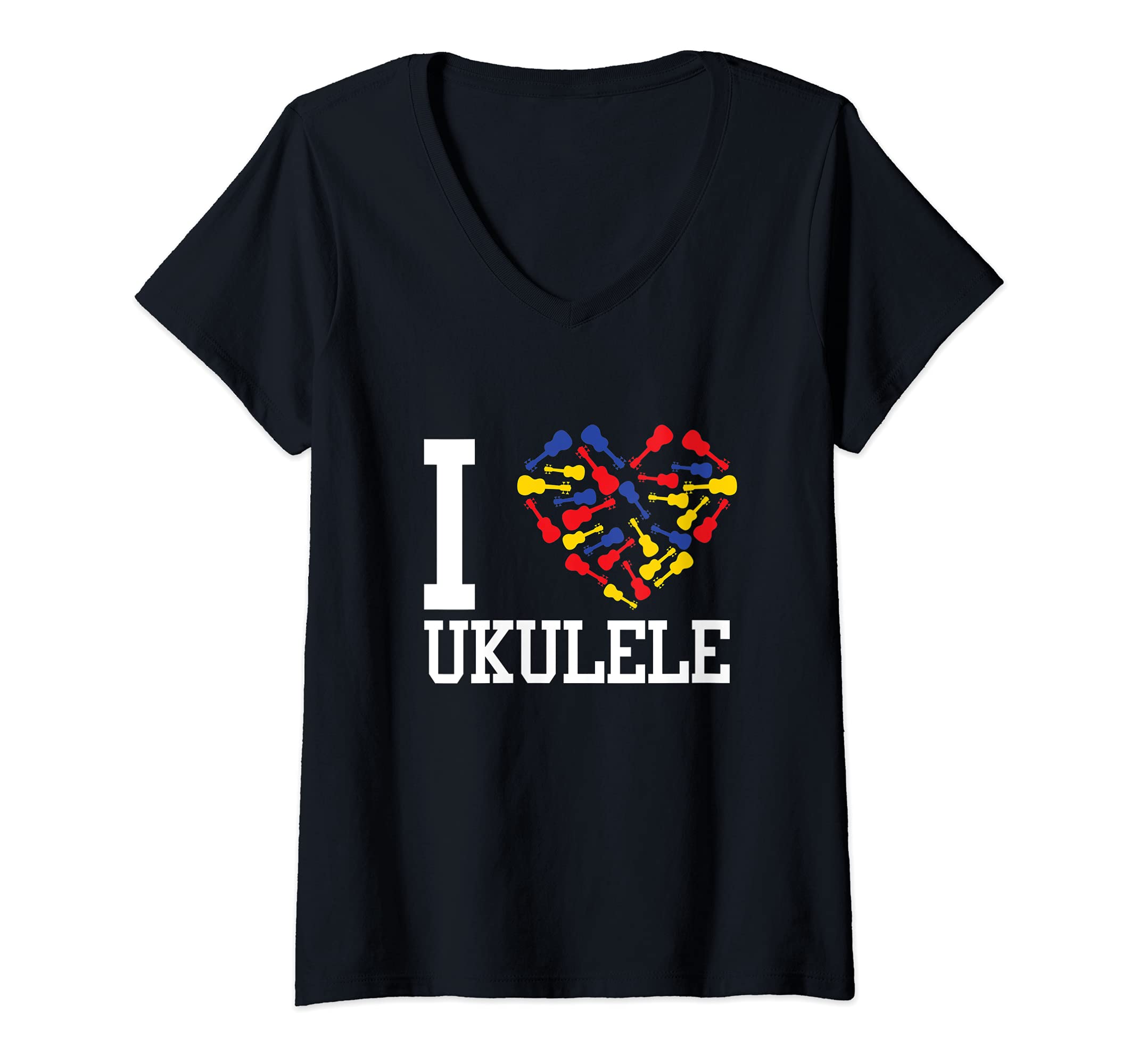 Womens I Love Ukulele Hawaiian Acoustic Guitar Hawaii Musician Uke V-Neck T-Shirt, Black