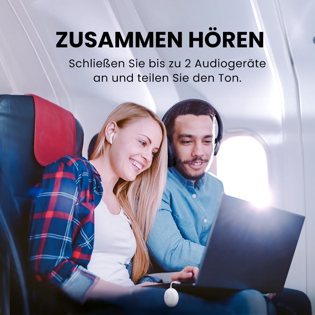 Avantree SoundJet R1 Weiß & Metallic Schwarz, Bluetooth Adapter Flugzeug für Kopfhörer & AirPods, aptX Adaptive, Qualcomm-Chipset, 20 Std. Akkulaufzeit, Kabelloser Audio Transmitter für Reisen