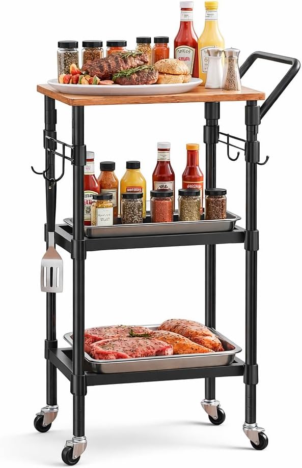 Small Kitchen Cart Adjustable-Height, 3-Tier Rolling Storage Organizer - Thick Shelves, Heavy-Duty Metal Frame & Wood Top, Handle Bar, for Kitchen, Office, Garage, 33.4"x13"x16"