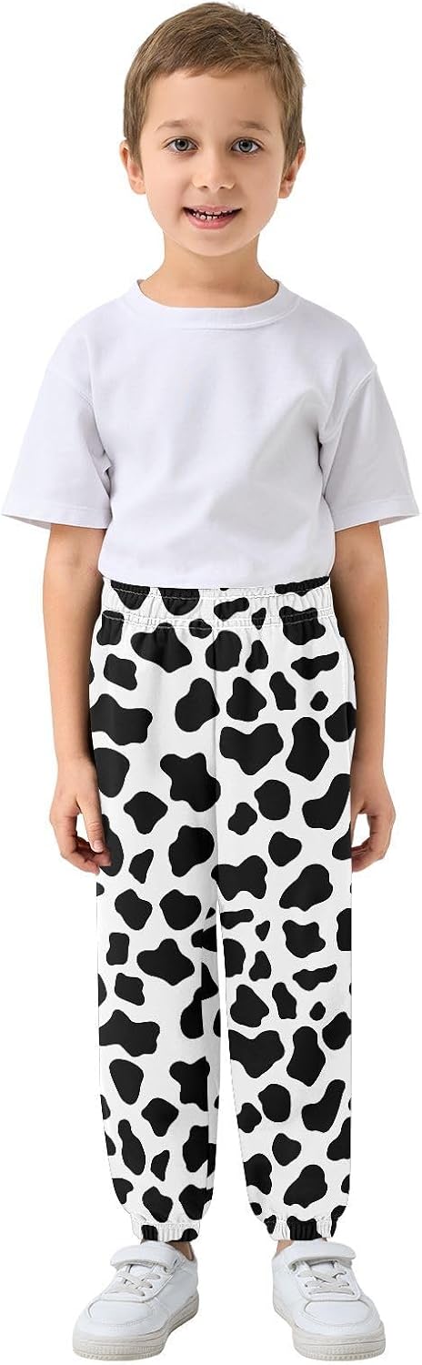 Boy Sweatpants Black White Cow Skin Print Joggers Casual Athletic Pants Kids Elastic Waist Cuffed with Pockets