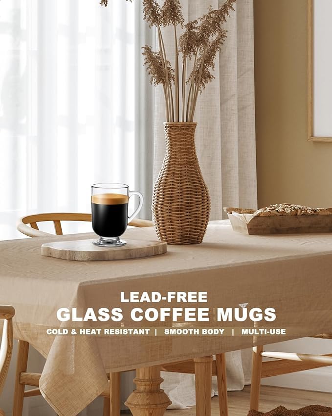 Image of PrimeWorld Glass Coffee Mugs Set of 4 - 310ml Latte Cups | Clear Glass Mugs with Handles for Coffee, Tea, Cappuccino, Latte, Milk, Juice & Hot Chocolate