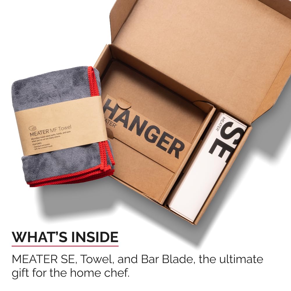 MEATER SE Wireless Thermometer w/Towel & Bar Blade, Black, 165ft Bluetooth | Smart Bluetooth kitchen thermometer, 165ft range, with microfiber towel and bar blade bottle opener. Easy weeknight meals.