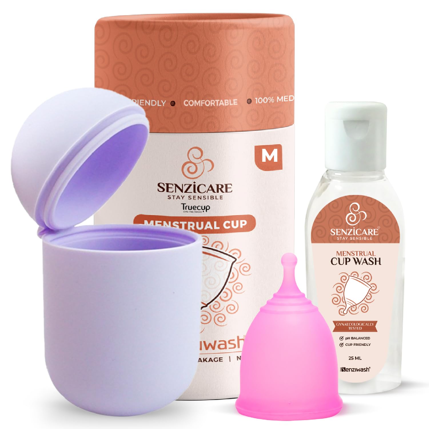 Sterilizer Case & Truecup Reusable Menstrual Cup With Cupwash For Women|Portable Cleaning Container & Microwave Steamer (Medium Combo(Lavender)),3 Count