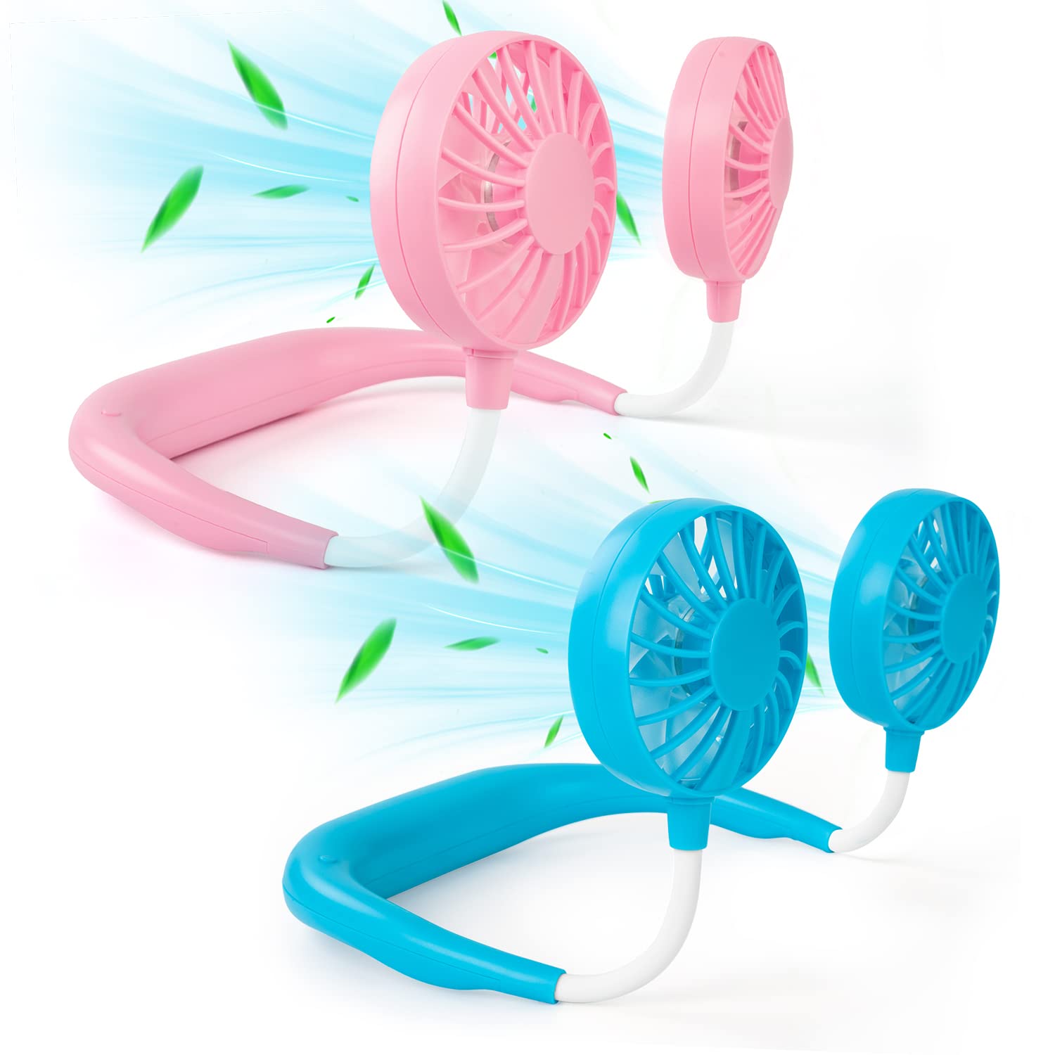 Portable Neck Fan Rechargeable Personal HandFree Fan Mini USB Wearable Neckband Sport Fan 3 Speed Adjustable 360 Degrees Rotation Perfect for Working Traveling Office Reading (2 Pack：Blue+Pink)