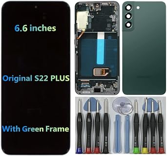 6.6" AMOLED Original for Samsung Galaxy S22 Plus Display Touch Screen Digitizer Assembly S22Plus 5G S906U S906B/DS S906U1 S906W S906E LCD Screen Replacement with Green Frame+Back Cover+Tools