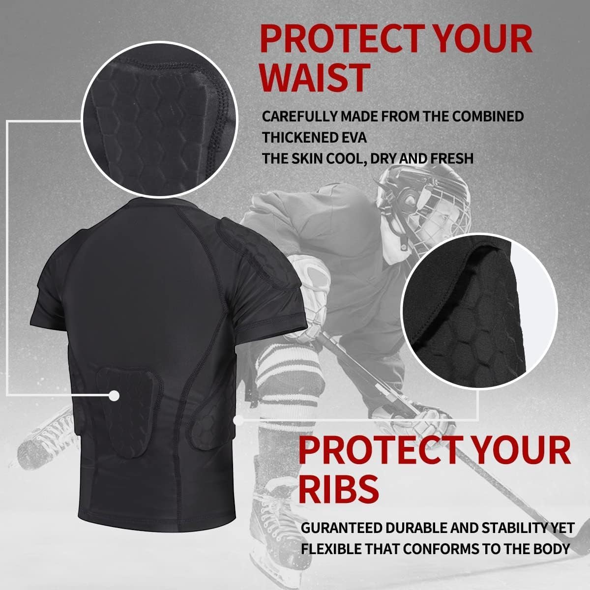 Mens Padded Compression Shirt Football Rib Protectors - Mens Padded Football Shirt with Pads Protective Gear Chest Rib Protectors for Baseball Basketball Paintball