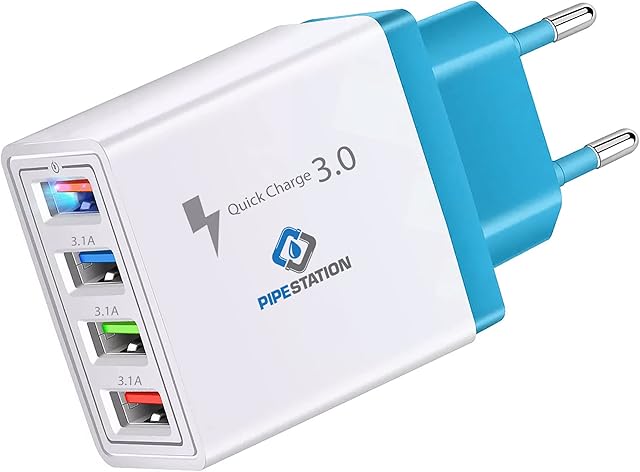 Pipestation® EU 2 Pin to USB Plug Travel Adapter Charger | Euro Wall Adaptor with 4 USB Ports | European Universal Power Charging compatible with iPhone Samsung Smartphones Tablet Shaver Toothbrush