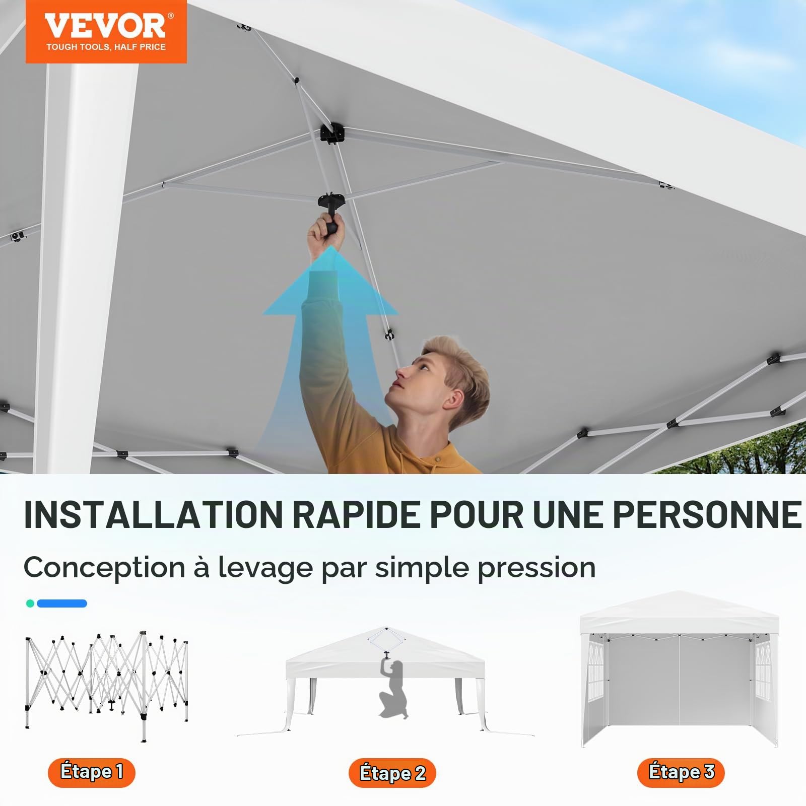 VEVOR Tonnelle Pop-up, 2,95x2,95 m, Gazebo Auvent Escamotable Instantané Portable, avec Parois Latérales, Fenêtres Ventilées, Facile à Monter, Abri Solaire Extérieur pour Événements, Jardin, Blanc