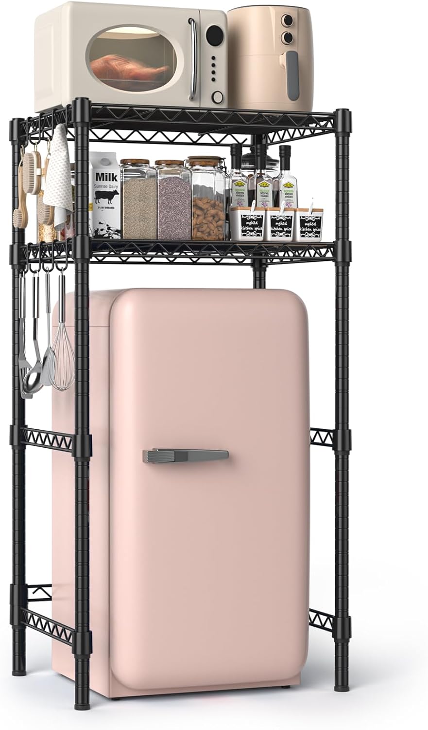 Mini Fridge Stand with Adjustable Shelf, 2 Tier Storage Rack Organizer for Refrigerator & Microwave, Storage Shelves and Space Saver for Dorm Room, Office, Kitchen, Apartment, Garage, Black