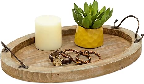 Oval Coffee Table Serving Tray, Wood Farmhouse Decor (15.75 x 10.8 x 1.25 Inches)