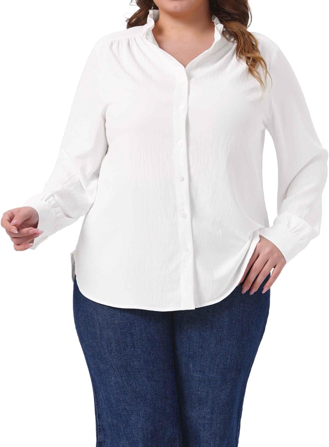 Agnes Orinda Women's Plus Size Work Office Button Down Shirt Ruffle Stand Collar Long Sleeve Business Casual Shirt - Image 2