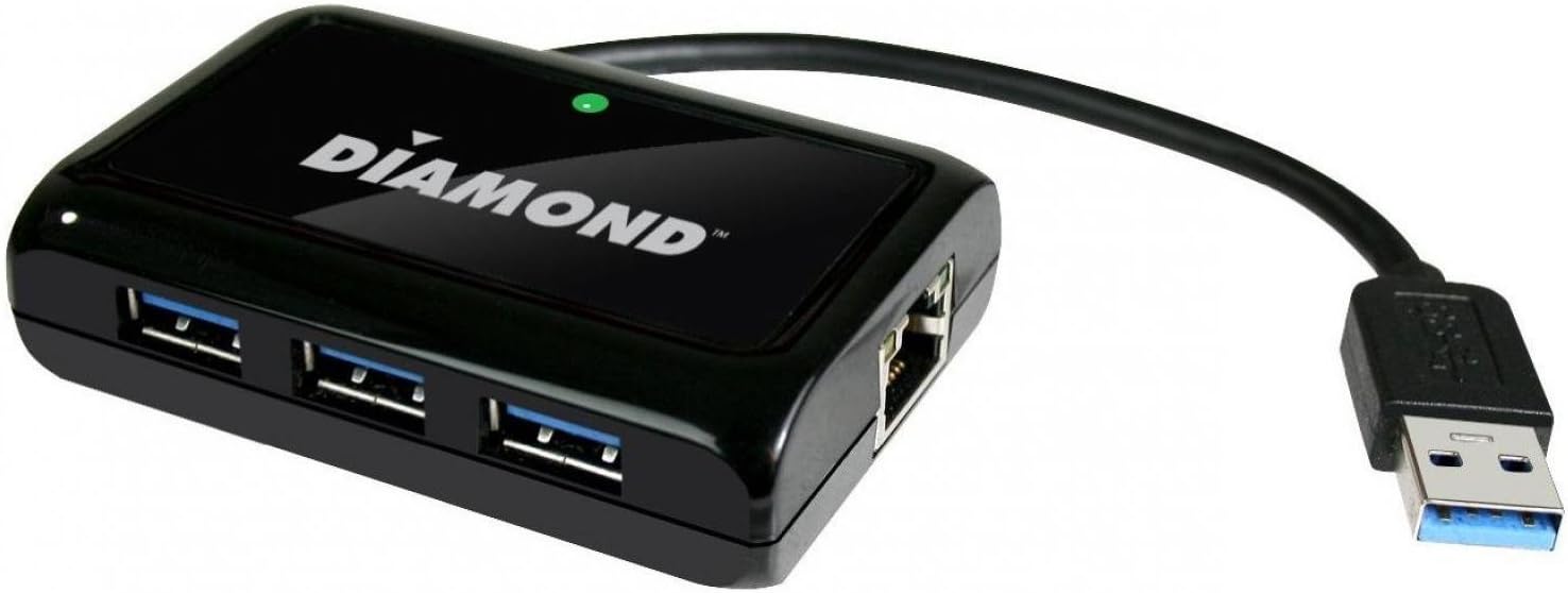 Diamond Multimedia USB303HE 3-Port SuperSpeed USB 3.0 Hub and Gigabit Ethernet LAN Network Adapter for Ultrabooks/Laptops/Desktop PCs and Macbooks/ Mac Desktops Windows 10, 8.1, 8, 7, Mac OS and Linux OS. (USB303HE), BLACK