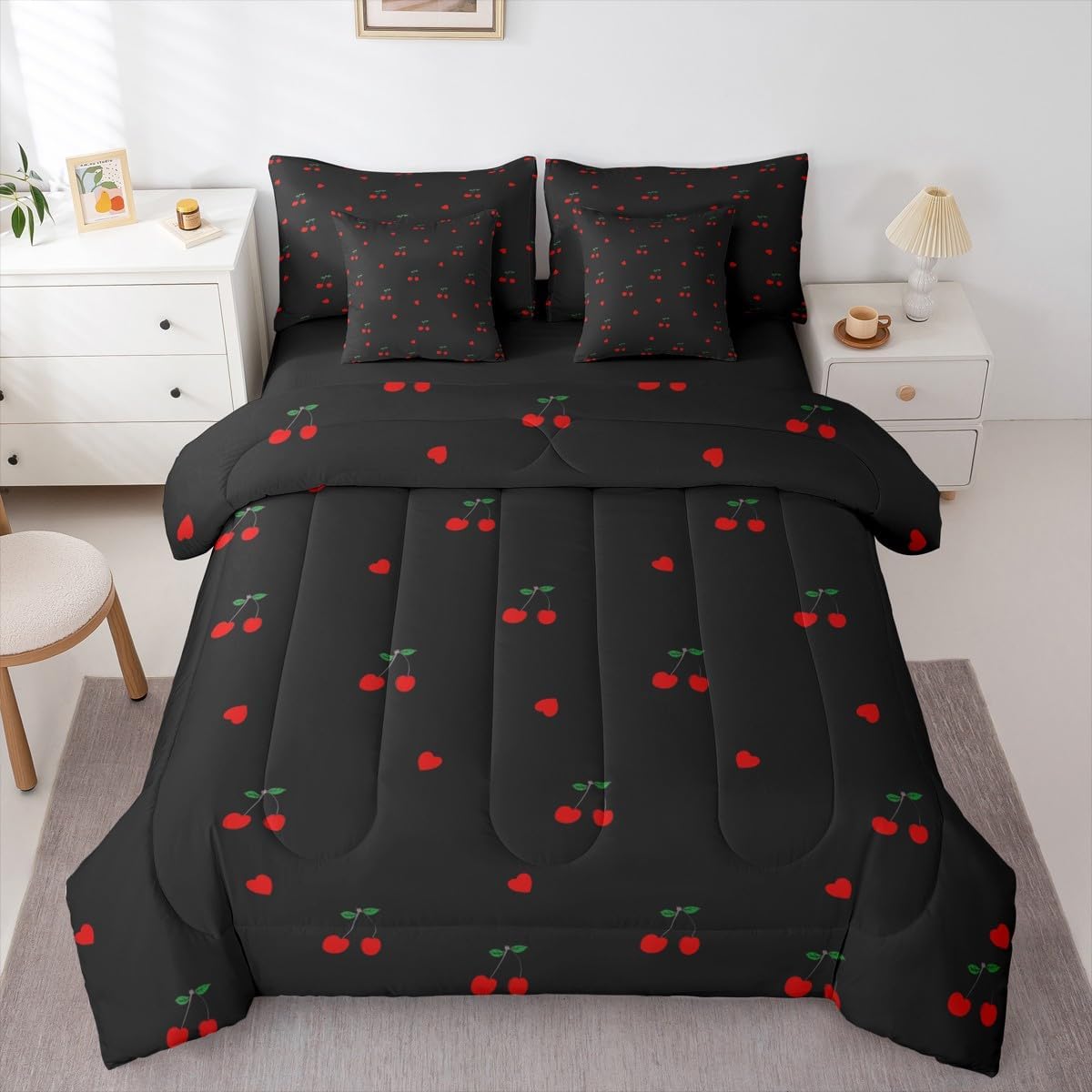 Erosebridal Kids Red Cherry 7 Pieces Bedding Set Twin,Cute Cherry Pattern Bed in a Bag,Yummy Fruit Love Hearts Bed Set Includes Comforter,Sheet Set,Pillowcases & Pillow Covers,Black Red Bedroom Decor