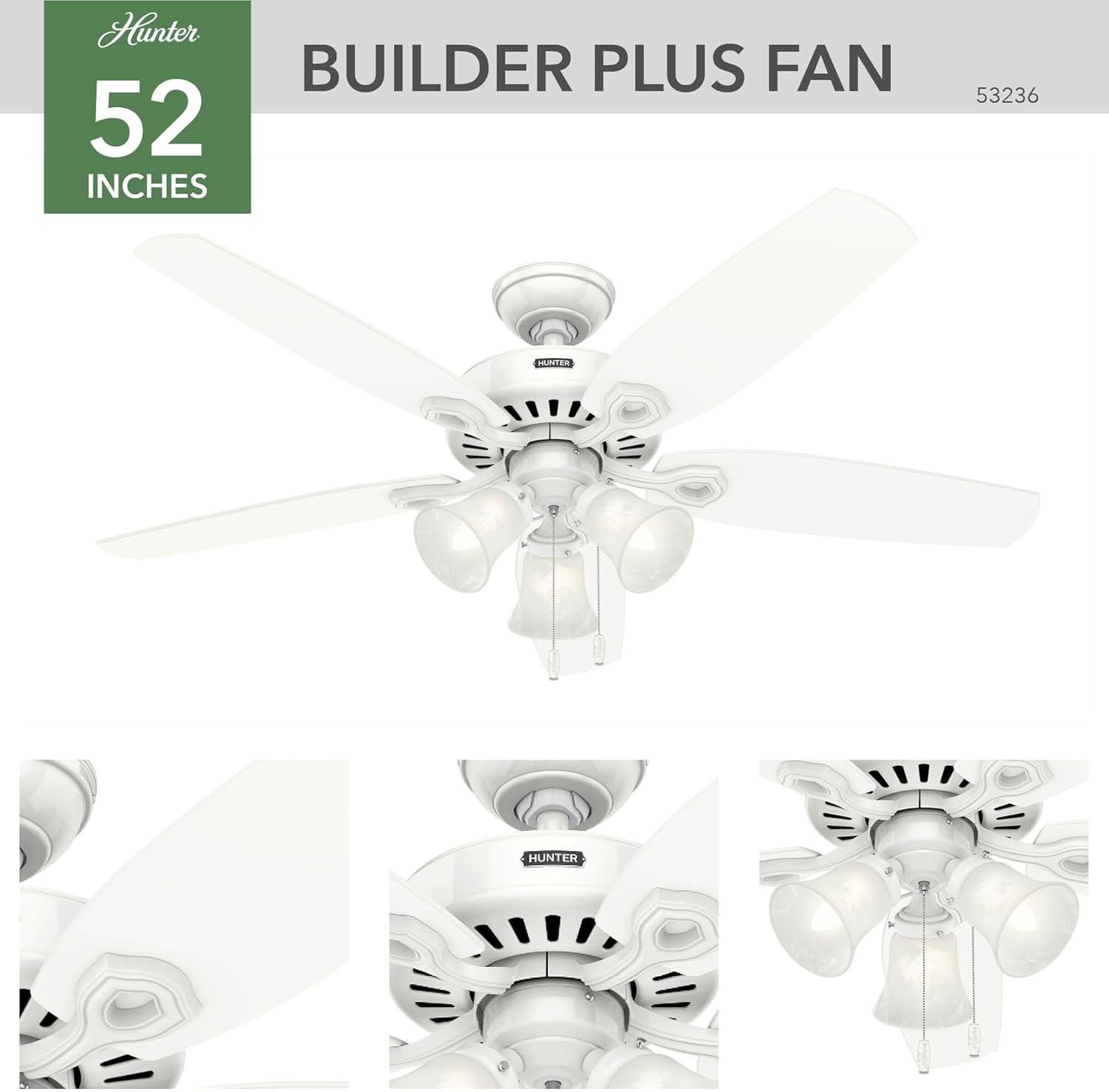 Hunter 52 inch Indoor Ceiling Fan with LED Lights - White Ceiling Fan with Pull Chain, For Bedroom or Living Room, Standard Mount, No Remote, 5 Blades, Includes Bulbs - Builder Plus 53236, Snow White