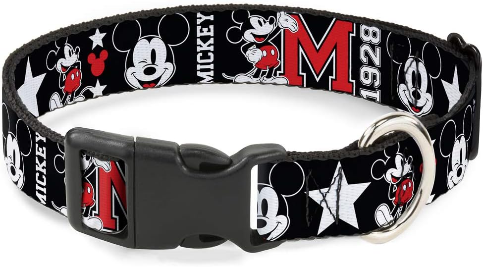 Buckle-Down Plastic Clip Collar - Classic Mickey Mouse 1928 Collage Black/White/Red - 1.5" Wide - Fits 13-18" Neck - Small