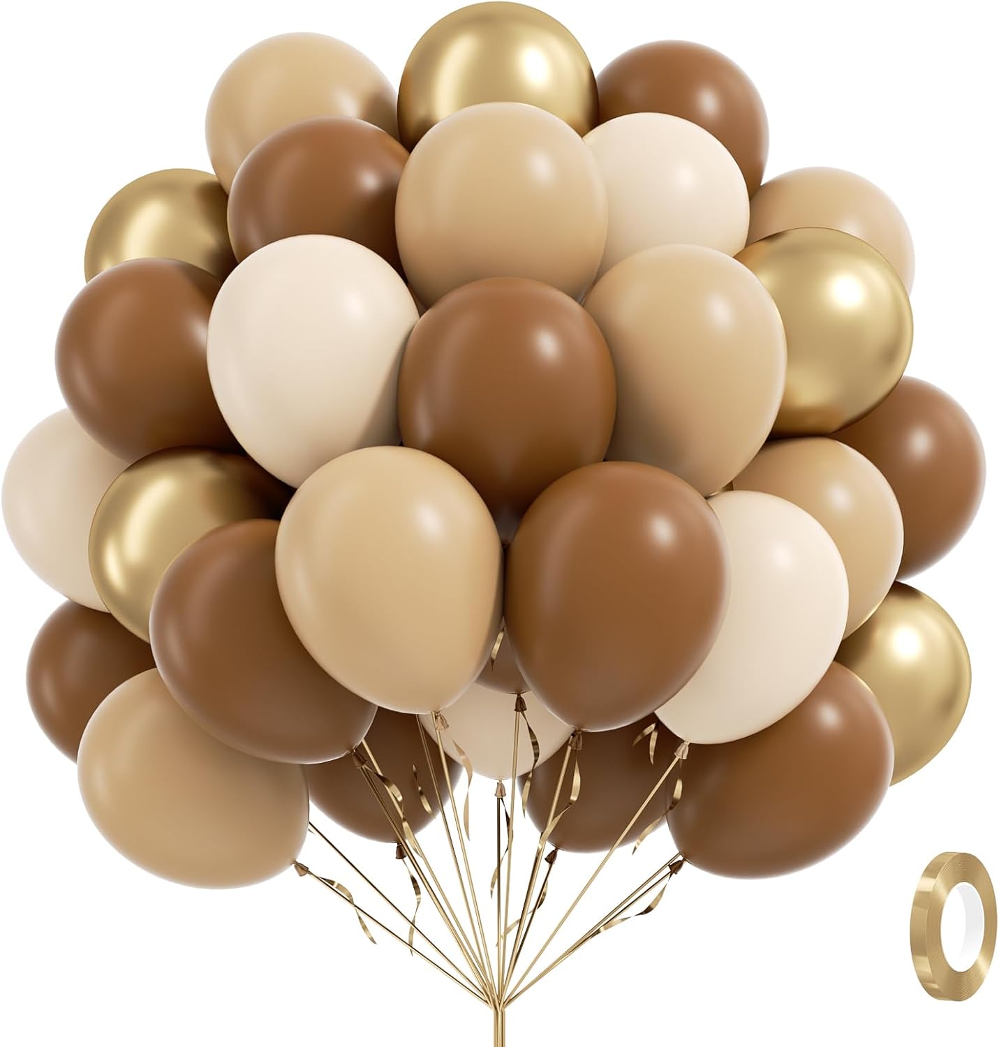 60pcs Brown Balloons 12inch with Light Brown Tan Sand White Metallic Gold Balloons for Boho Neutral Baby Shower Birthday Party Decorations