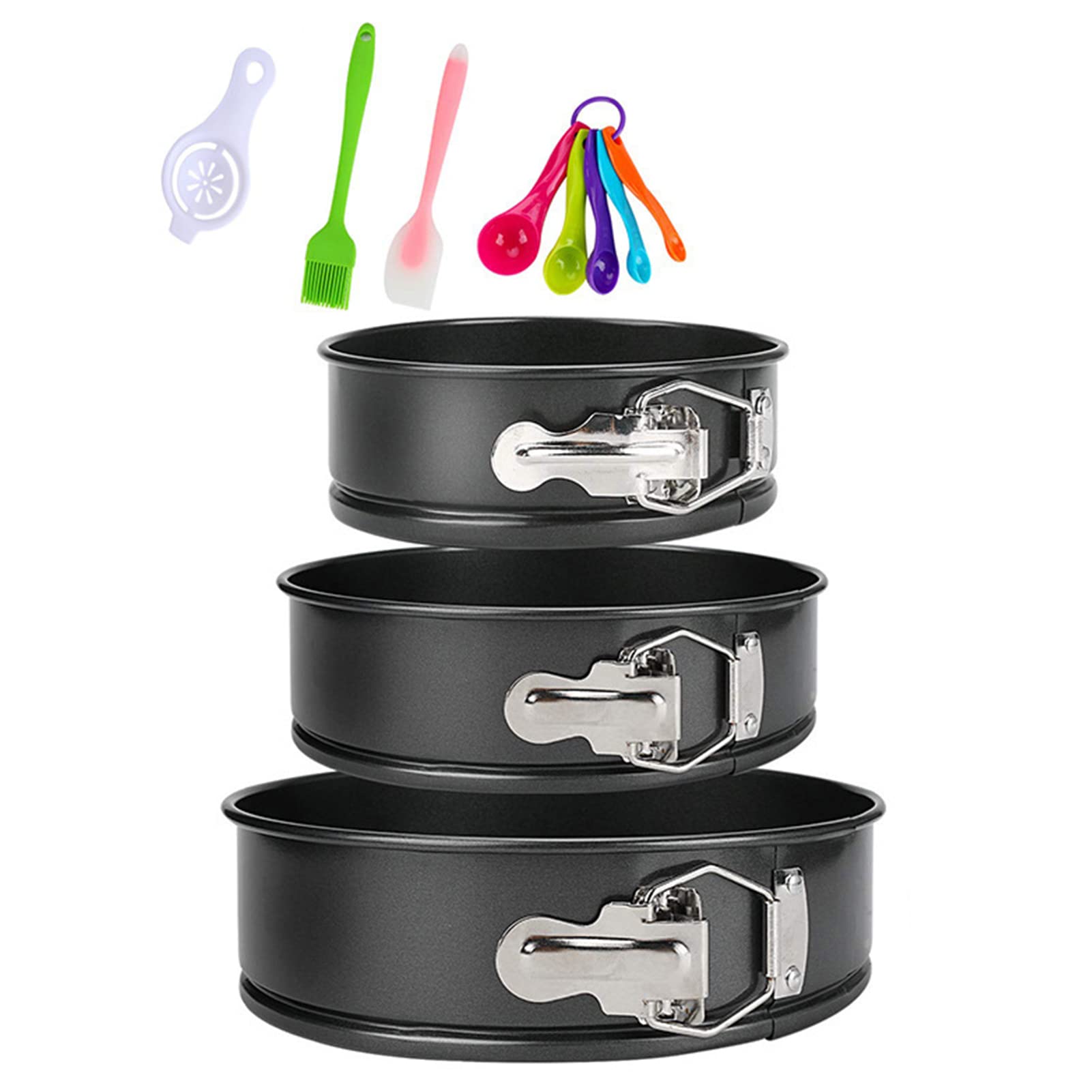 Ensemble de moules à charnière (4"/7"/9") Ensemble de 3 moules à pâtisserie ronds, moule à gâteau antiadhésif et étanche avec brosse à huile en silicone, grattoir translucide, séparateur de blanc d'œu