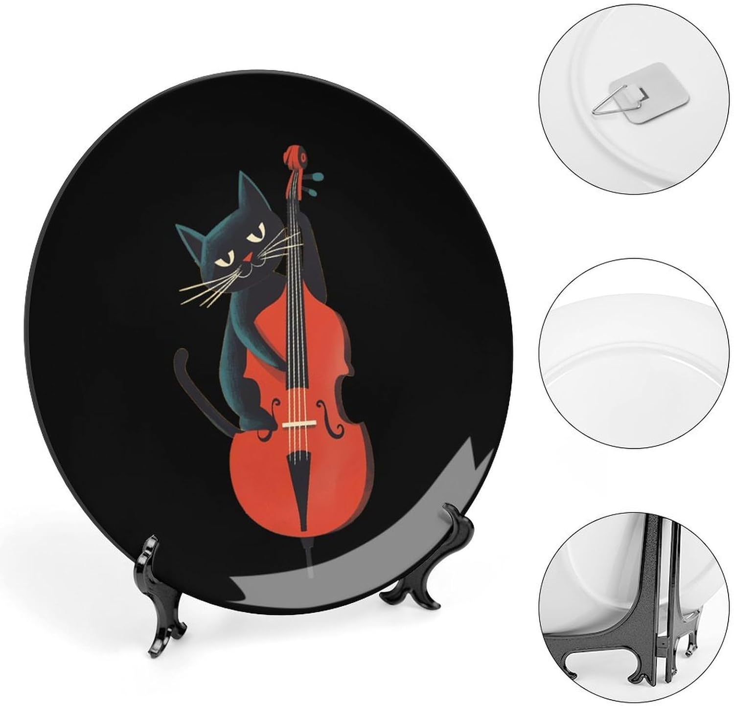 Black Cat Playing Violoncello Decorative Plates for Display Ceramic Plate Tray with Stand Hanger Home Decor