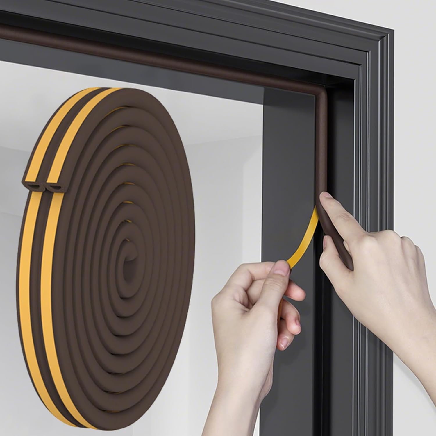 32.8 Ft Weather Stripping Door Seal Strip,Self Adhesive Door Soundproofing D Shaped Weatherstripping for Door Frame/Window,Brown,3/8" W × 1/4" T