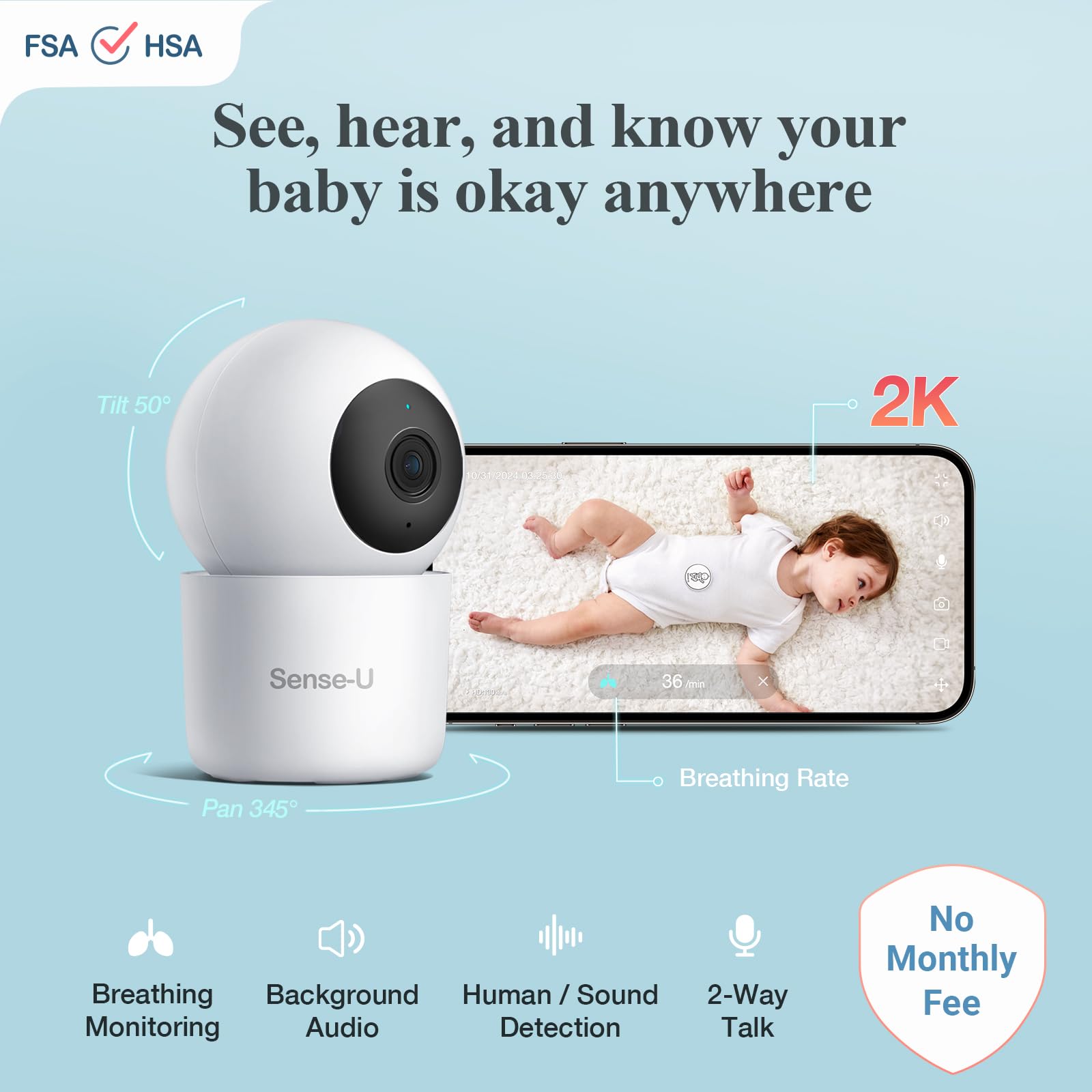 Amazon.com: Sense-U AI 2K PTZ Baby Camera Monitor with
