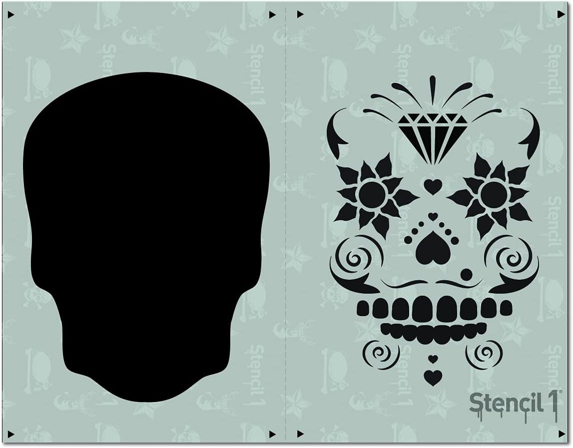 Stencil1 Sugar Skull 2-Layer Stencils 8.5 x 11 inches Perfect Design for DIY Halloween Wall Art, Painting on Bedroom Wall, Wood, Canvas, Art- Reusable, Recyclable.
