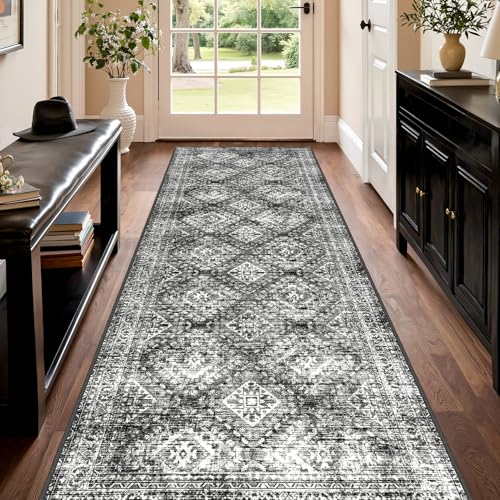 MIULEE 2.6x8 Washable Hallway Runner Rug, Vintage Long Rug for Hallway Kitchen Bedroom Laundry Room Bathroom Rug, Non-Slip Stain Resistant Soft Throw Carpet Floor Mat, Black