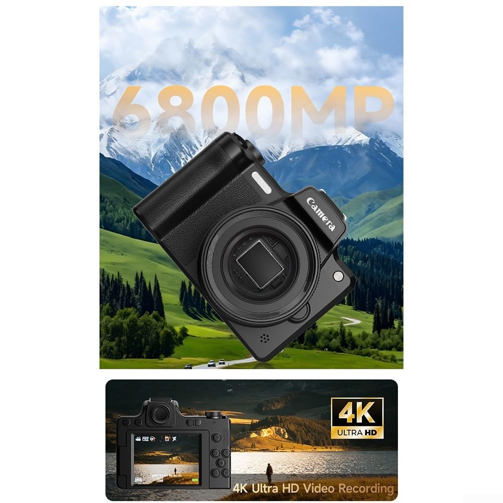 Fotocamera digitale 4K da 68 MP con zoom 28x, fotocamera WiFi Vlogging con schermo flip per fotografia, supporta microfono esterno e scheda TF da 128 GB, ideale per principianti (DC101 nero)