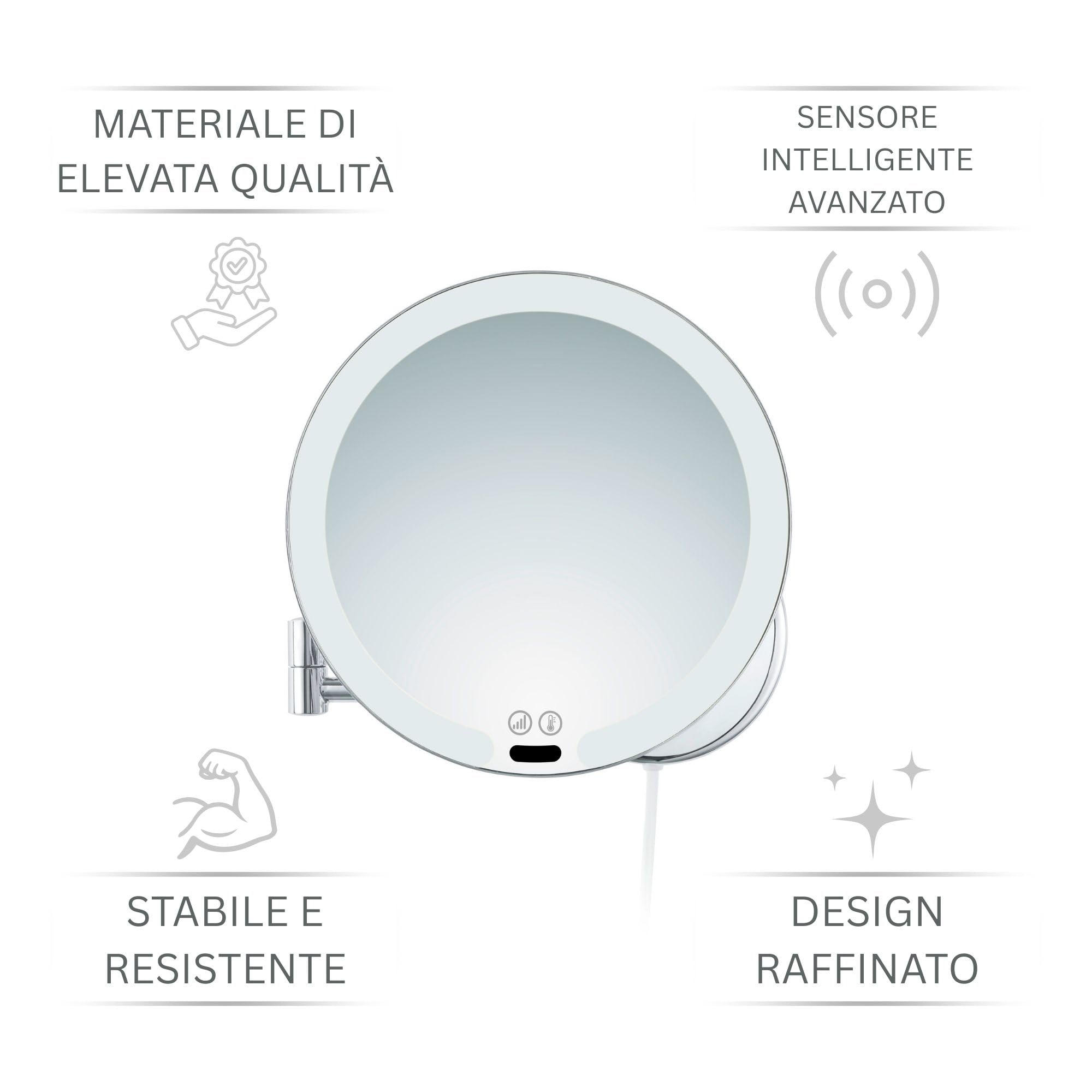 Vittoria Specchio Ingranditore da Parete a LED – Specchio Trucco Rotondo 7x con Sensore e Dimmer – Braccio Estensibile in Metallo Cromato, Cavo Bianco
