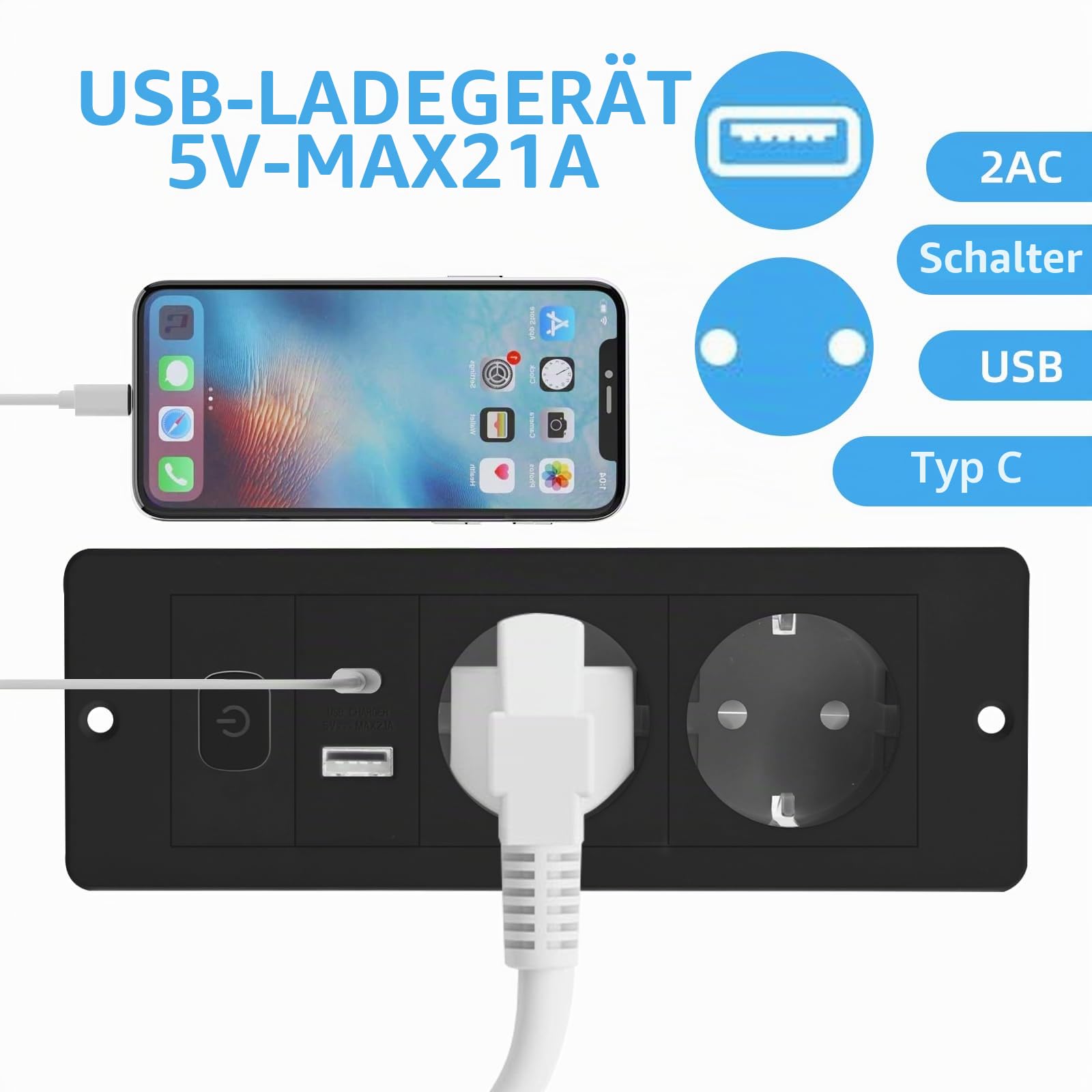 Versenkte Steckdose, Tischplatte Versenkte Steckdose mit 2 USB, Einbau Steckdosenleiste mit 1.8m Kabel, Tischsteckdose mit USB Einbausteckdose (Black)