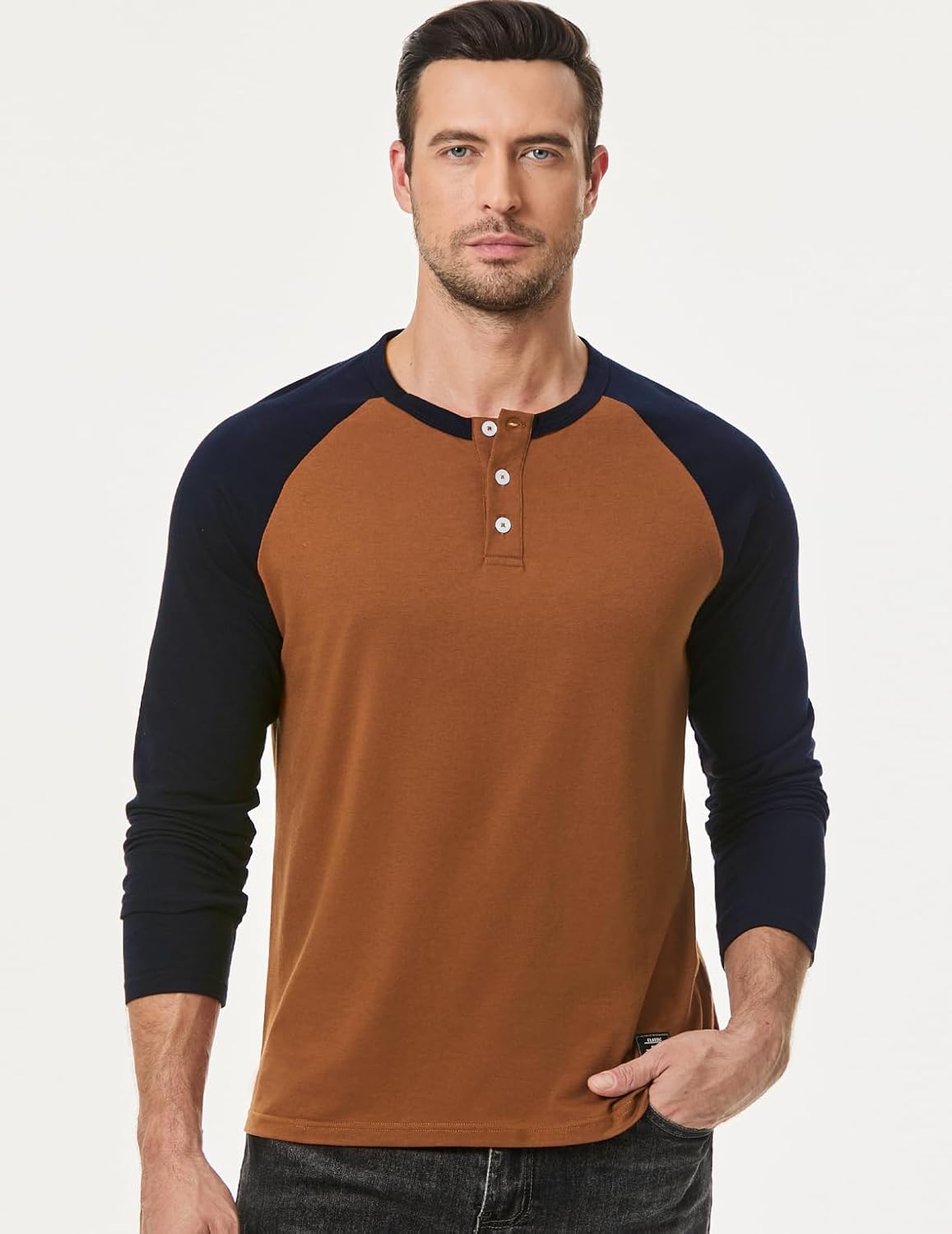 Men's Henley Shirt Fall Crewneck Color Block Slim Fit Long Sleeve T Shirts Button Up Tees - Image 5