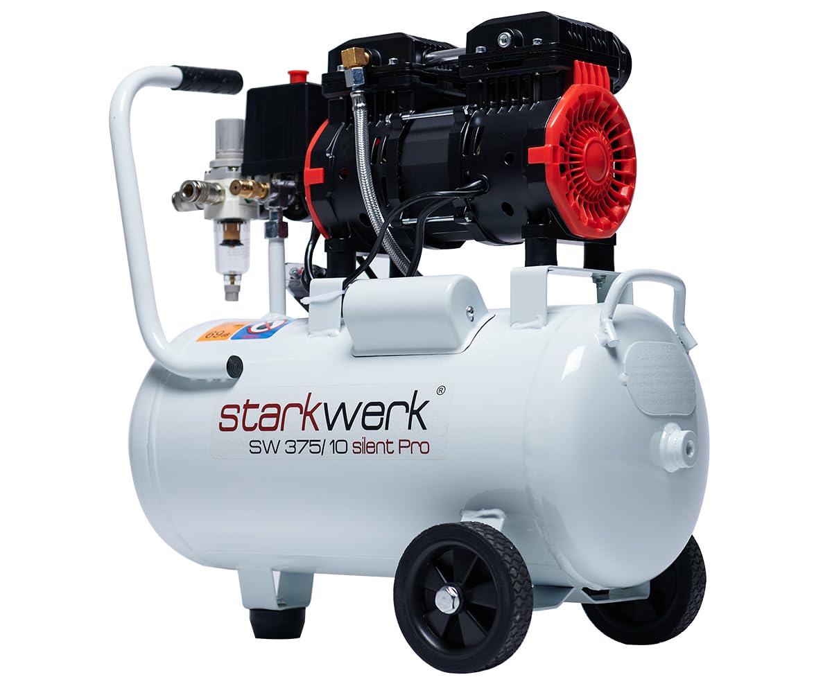 Starkwerk Flüsterkompressor Kompressor Druckluftkompressor Silent 69 dB SW 375/10 Pro 1100 Watt 10 Bar 24 Liter Kessel inklusive Druckminderer und Wasserabscheider