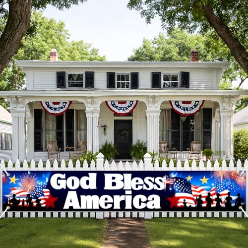 Image of BlissYard 4th of July Decorations God Bless America Banner 118 x 20 Inch Patriotic Banner for Outside Large American Flag Banner Memorial Day Independence Day Outdoor Decorations for Yard Fence Porch