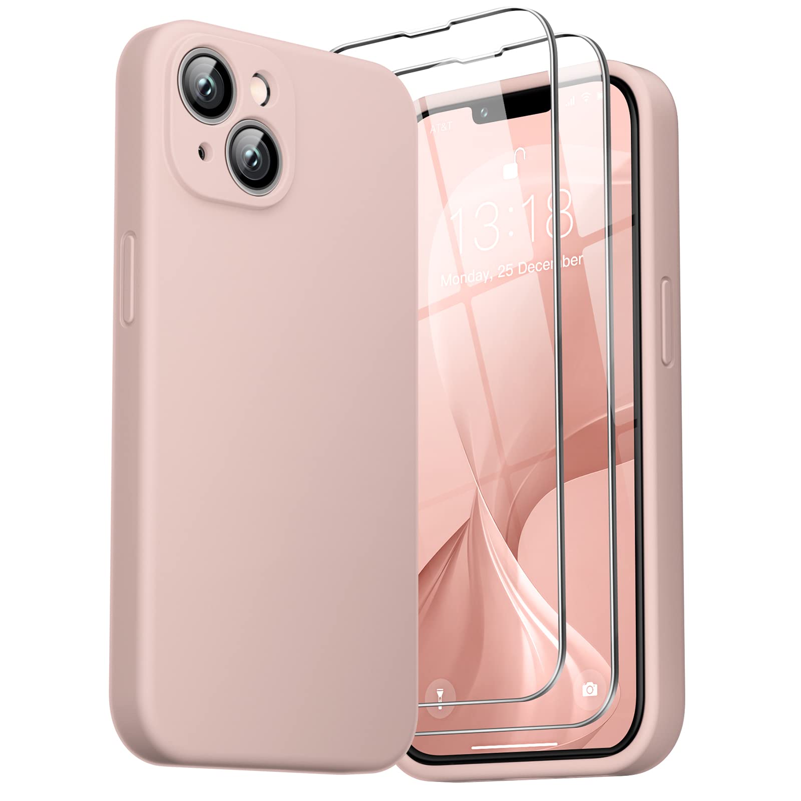GOODVISH 3 in 1 Cover in Silicone per iPhone 14 6,1'' (2022), con 2 Pezzi di Pellicola Protettiva, Custodia per Cellulare Ultra Sottile Antiurto Resistente Protezione Fotocamera, Rosa Sabbia