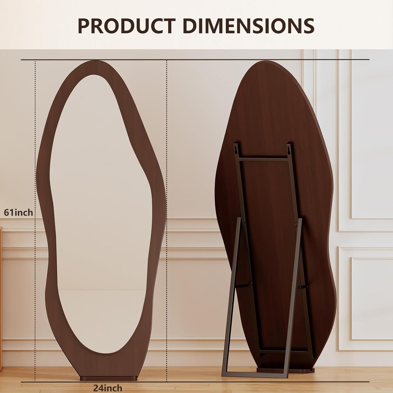 Irregular Mirror Floor 61"x 24" Solid Frame Full Length Mirror Flannel Floor Mirrors Hanging or Leaning Against Wall for Cloakroom, Bedroom, Living Room, Walnu