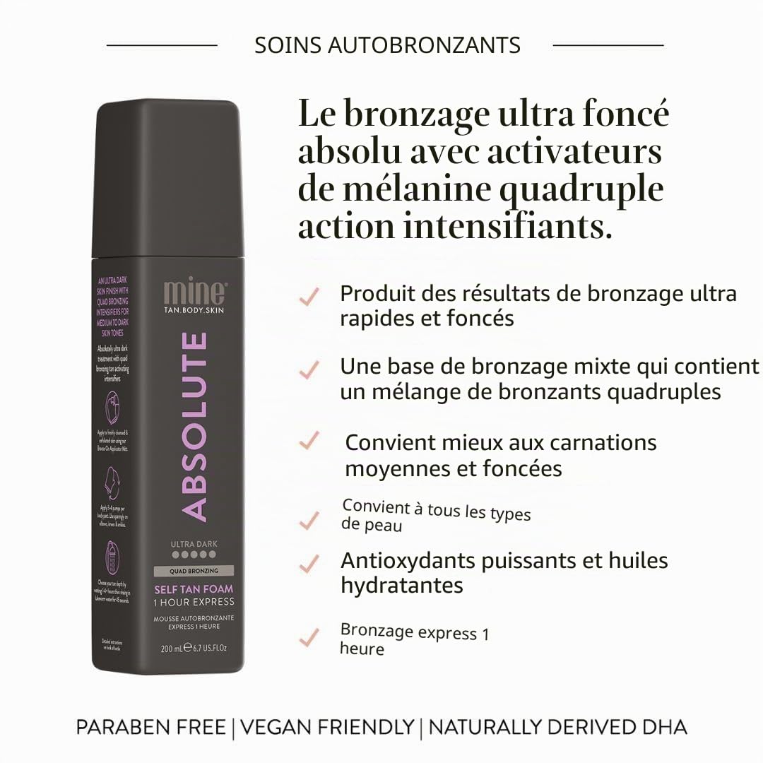 MineTan Absolute Mousse autobronzante | Collection de traitements bronzants – Finition ultra foncée intense pour la peau, express instantané en 1 heure, activation de la mélanine, mousse bronzante