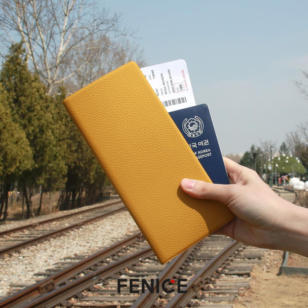 Fenice Long Classic Cover Holder Wallet Case for Travel Essential RFID Blocking Vegan Leather Waterproof (ORANGE)
