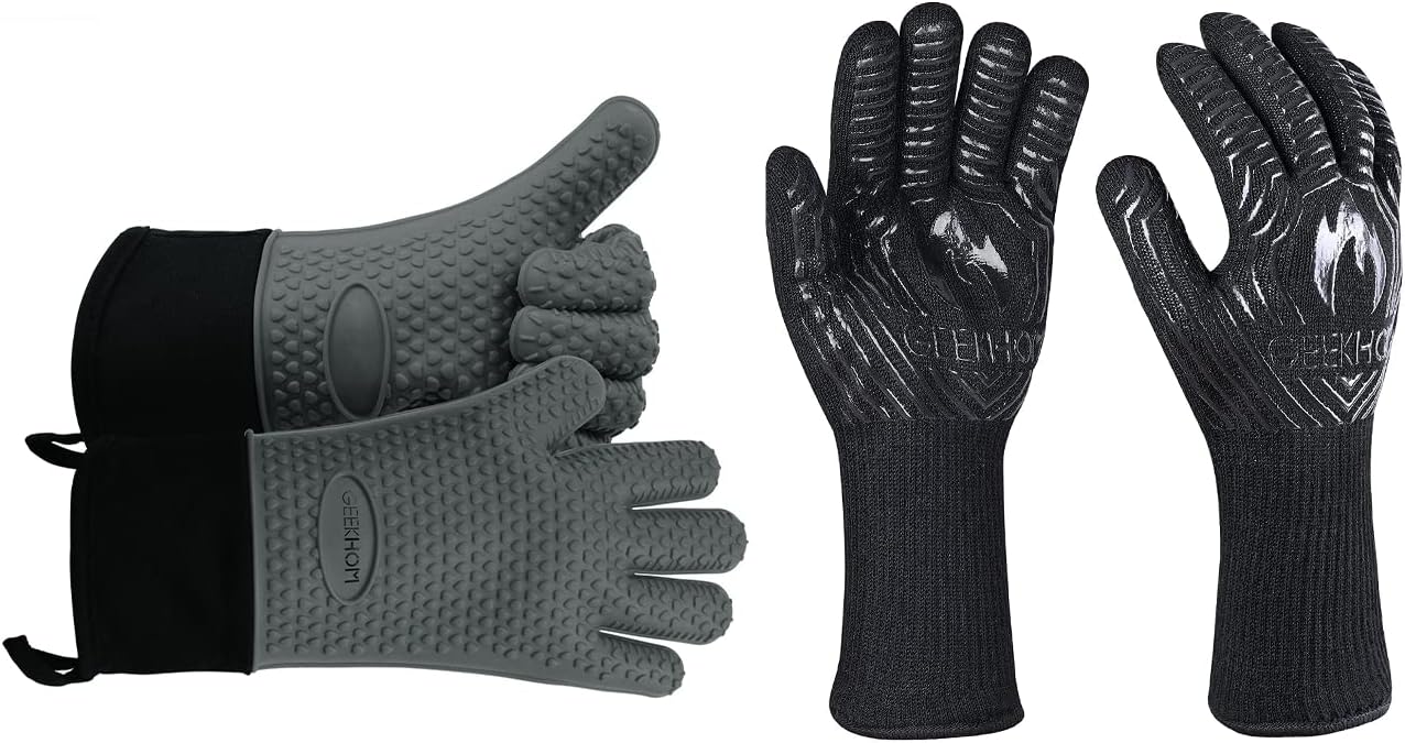 GEEKHOM Grilling Gloves, Heat Resistant Gloves BBQ Kitchen Silicone Oven Mitts L& Aramid Grilling Gloves 1472℉ Heat Resistant : Patio, Lawn & Garden