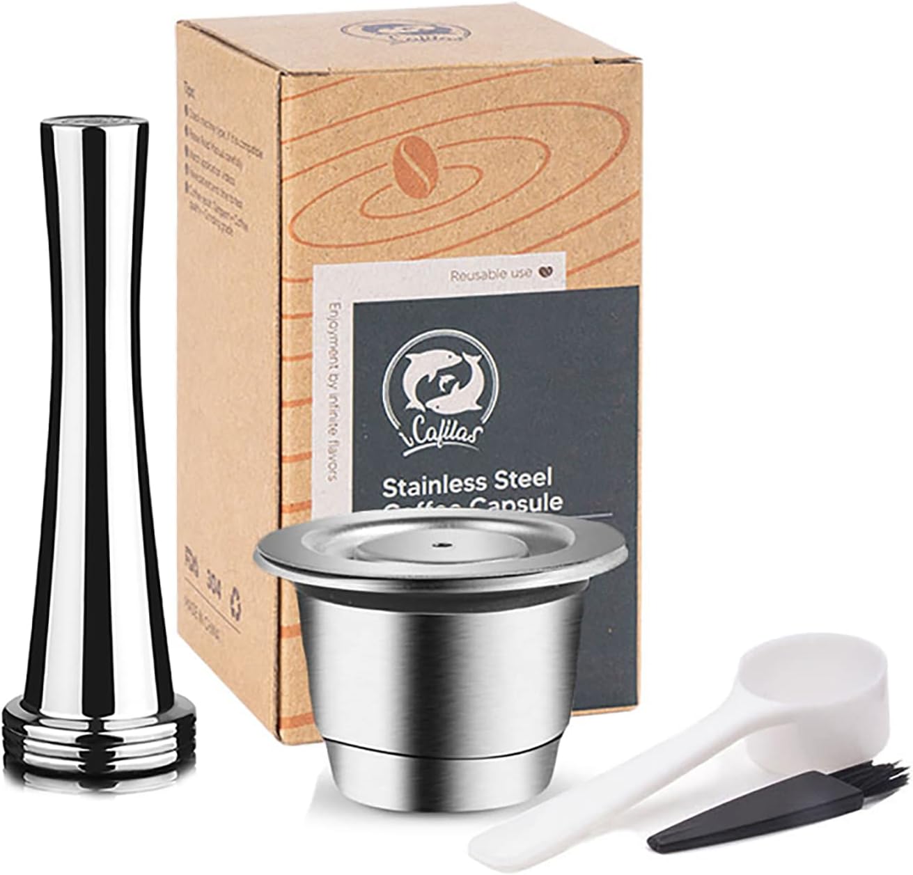 i CafilasReusable Coffee Pods with Tamper , Stainless Steel Refillable Coffee Espresso Capsules, Compatible with Nespresso Original Line Brewers (Classic version)