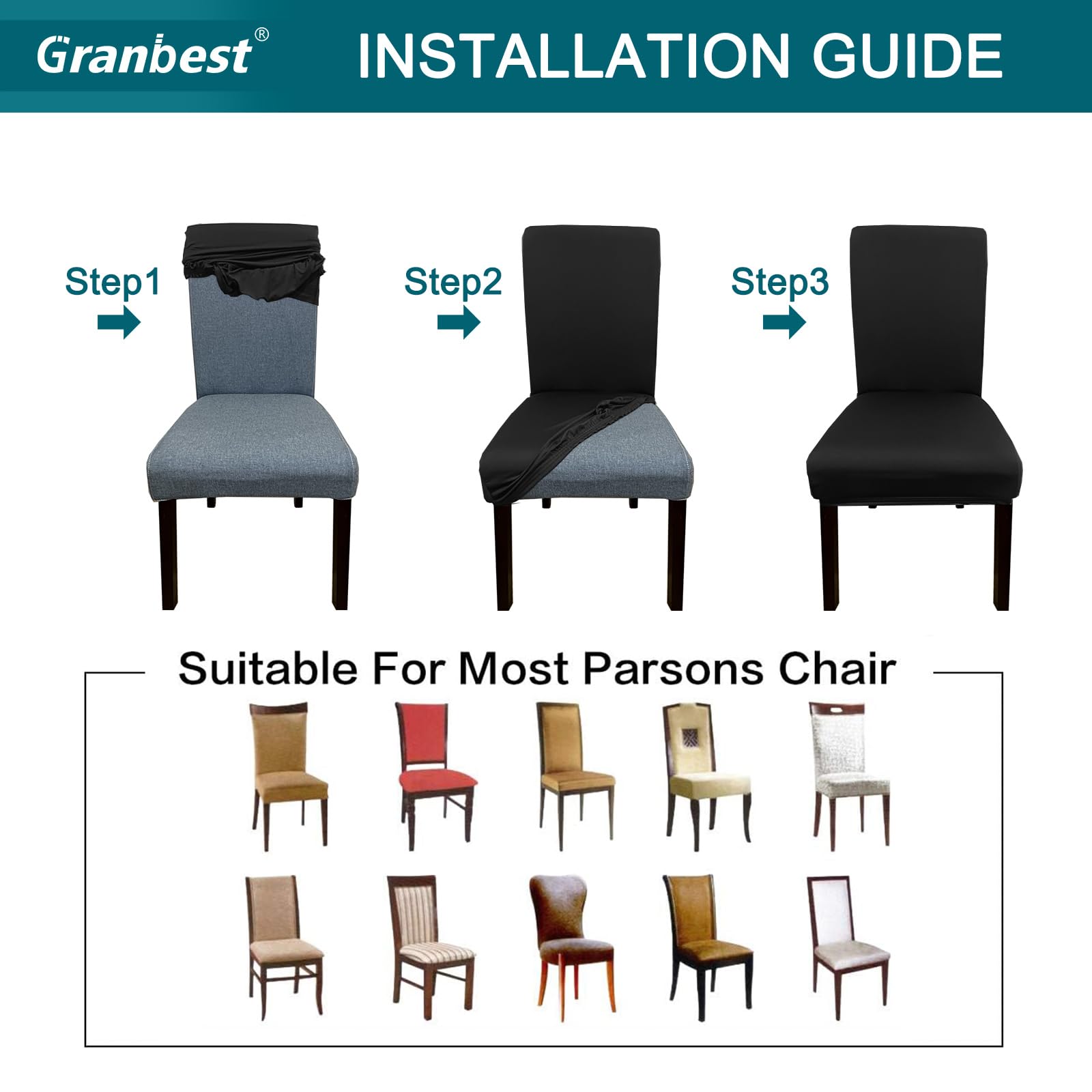 Granbest Coprisedia Elasticizzati Universali Per Sedia Parson - Set Da 6 In Grigio Chiaro, Antiscivolo - 4