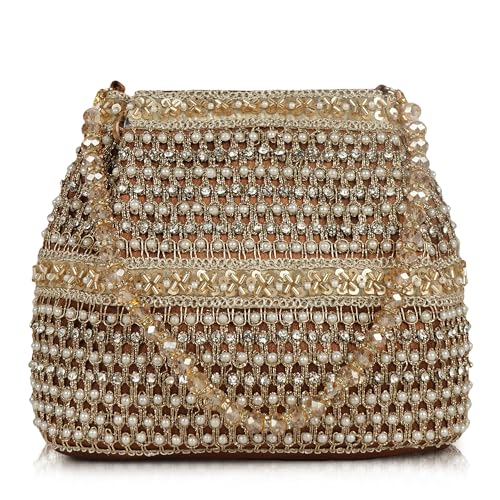 Image of Nevis Silk Fabric Premium Pearl & Crystal Embroidered Potli Bag for Women | Ethnic Bridal Clutch with Golden Handle | Party & Wedding | Potli Bag