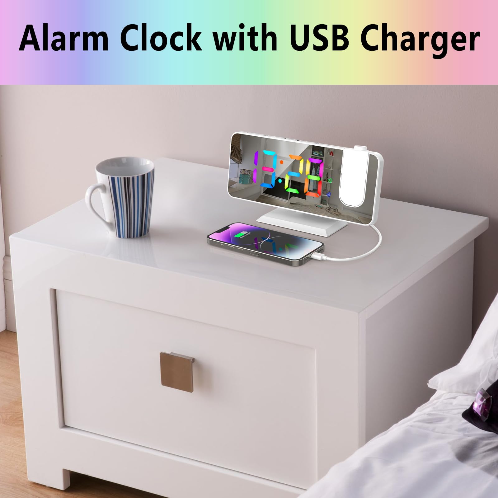 Sveglia RGB con Proiezione Display a 11 Colori 6 Livelli di Luminosità Modalità Snooze 12/24H Cavo USB e Spina Inclusi