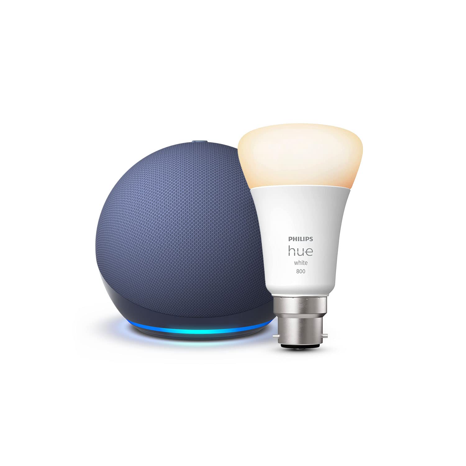 Echo Dot (5th generation) Deep Sea Blue Philips Hue White Smart Light  Bulb LED (B22), Works with Alexa Smart Home Starter Kit
