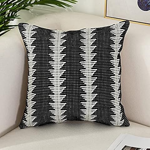 Sungea Farmhouse Black and White Geometric Throw Pillow Cover, 18 x 18 Decorative Pillowcase Small Tree Pattern Woven Cushion Cover Square Weave Cotton Pillow Sham for Sofa Couch Living Room Cover