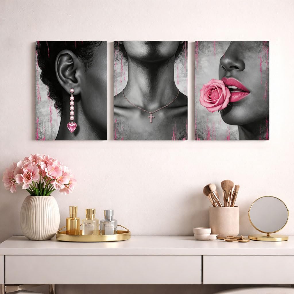 Pink Black and White Aesthetic Wall Art Set of 3, Feminine Face Canvas Wall Art with Butterfly Feather Makeup Theme, Modern Bedroom Wall Decor for Women, Gallery Wrapped Canvas 12x16 Inch (Gray)