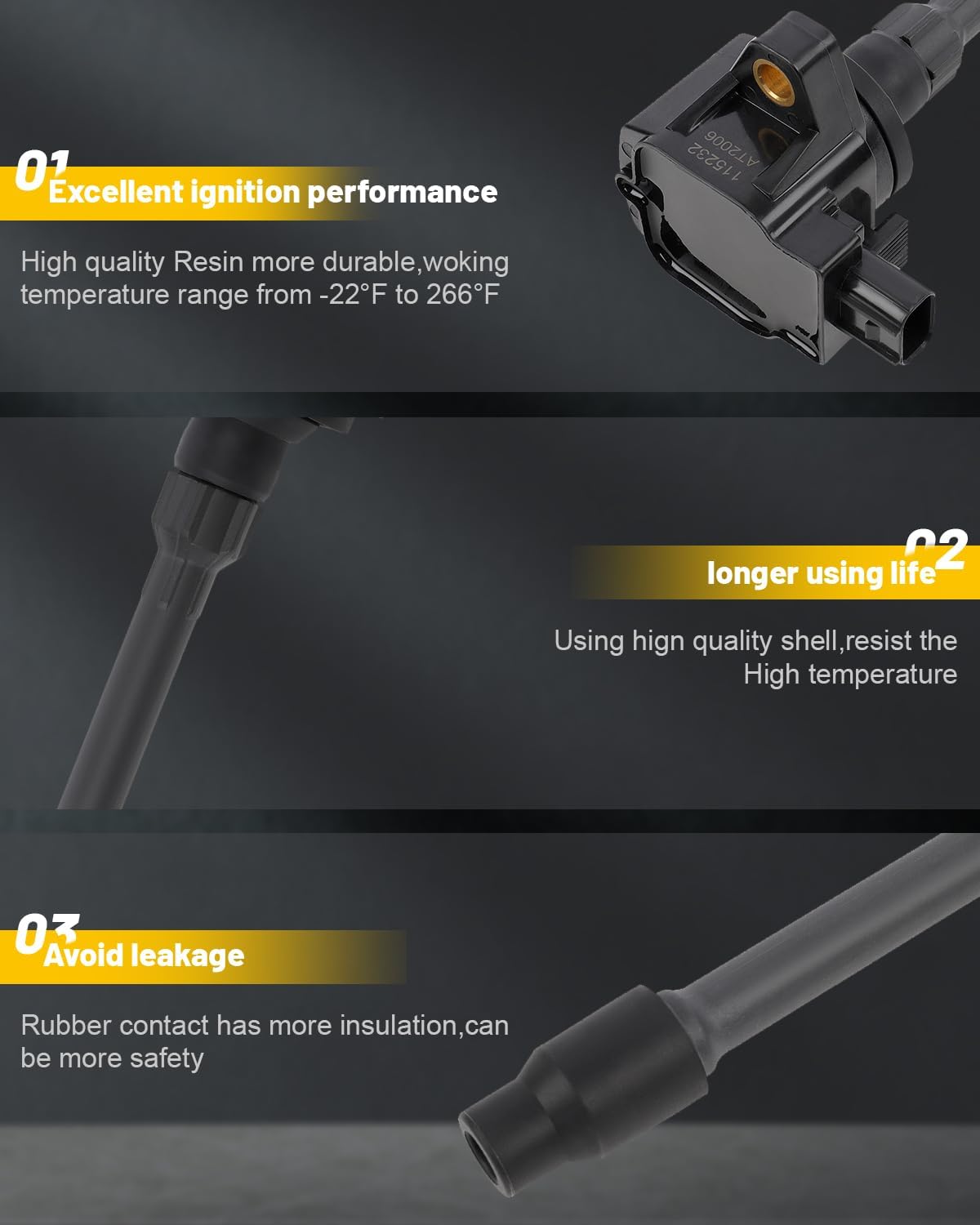 OCPTY Suitable 2016-2020 for Honda Civic 2.0L/L4,2015-2020 for Honda Fit 1.5L/L4 Automotive Replacement Ignition Coils 3-Pins #UF749 (Set of 4 Ignition Coils with 4 Iridium Spark Plugs)