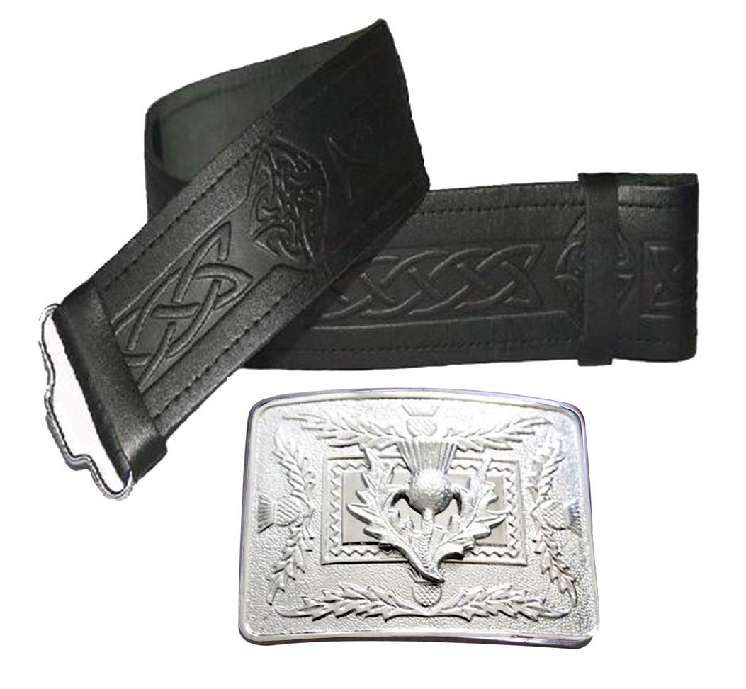 Maze Leather Kilt Belt Embossed and Chrome Thistle Buckle