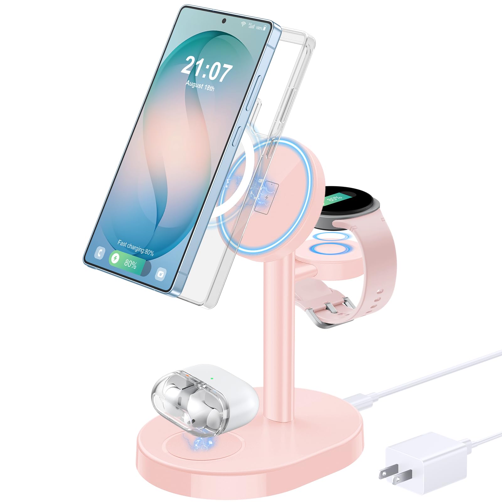 Hevanto Caricabatterie wireless 3 in 1 per Samsung Galaxy, stazione di ricarica magnetica super veloce da 15 W per MagSafe Samsung Galaxy S26 Ultra S25 S24 S23 Z Fold Flip Watch 8 7 Classic Buds 4 3 2